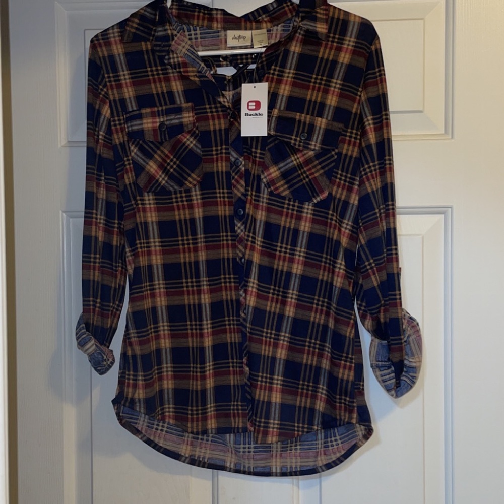 COPY - Women’s Navy Gold Plaid Button down Shirt